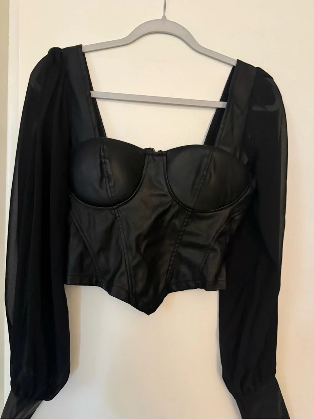 Parisian Works Black Faux-Leather Bustier Crop Top with Sheer Sleeves
